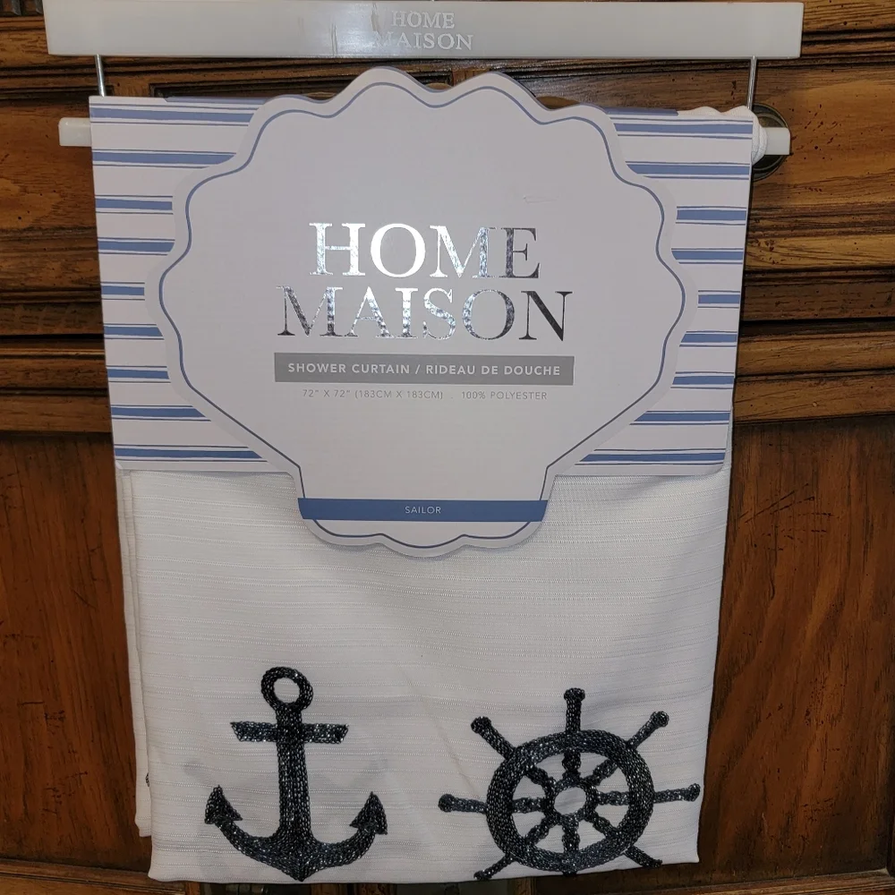 Home Maison Sailor shower curtain Fabric Nautical 72” X 72” New Anchors Waves